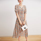 Womens Silk Floral Midi Dress Puff Sleeves Front Slit Silk Dress